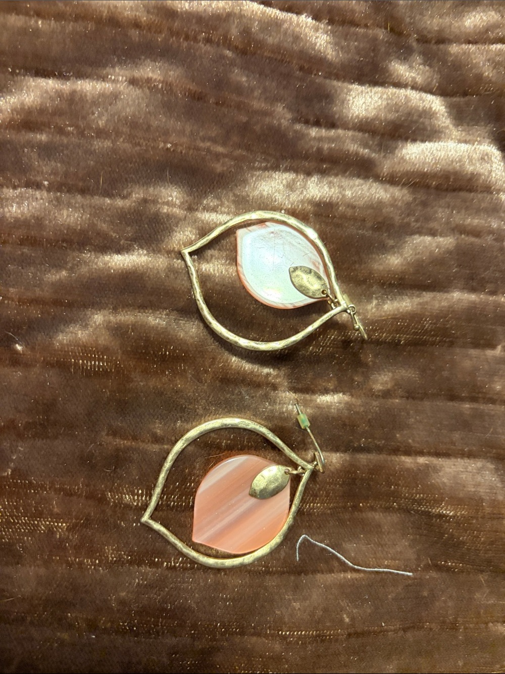 Gold-Tone Leaf Hoop Earrings with Peach Inlay